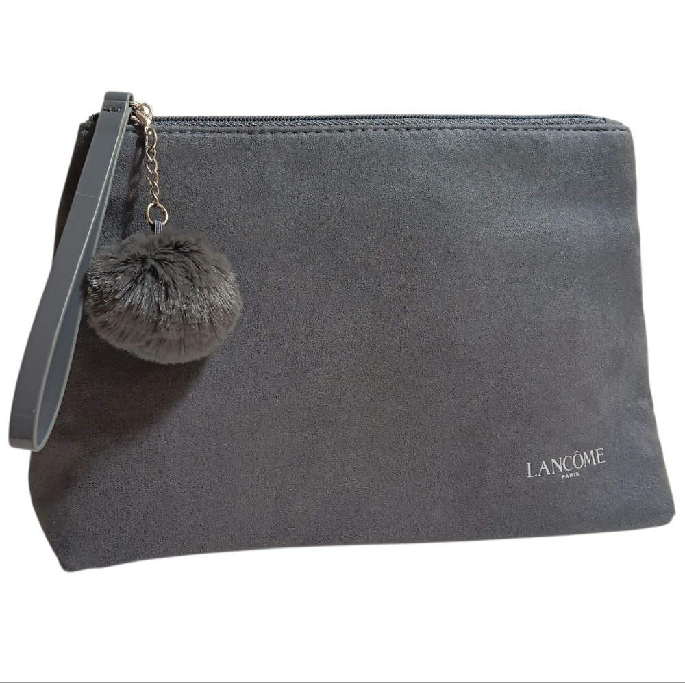 Lancome Gray Suede Cosmetic Bag with Pom-Pom